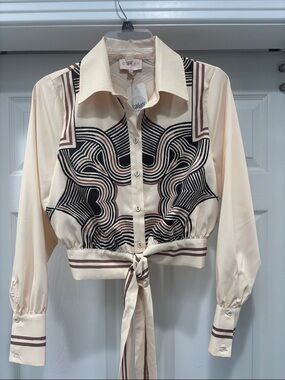Cream Button-Front Tie Waist Blouse with Graphic Print